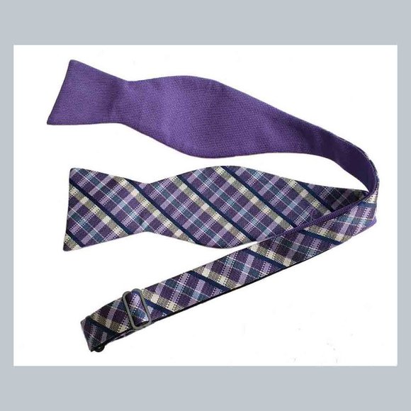 Saddlebred Bow Tie Silk Blend Plaid Purple White Gray Blue Men's - Picture 1 of 1